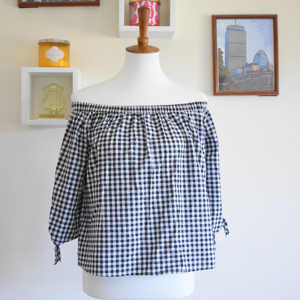 Caution to the Wind Black & White Gingham Off the Shoulder Top
